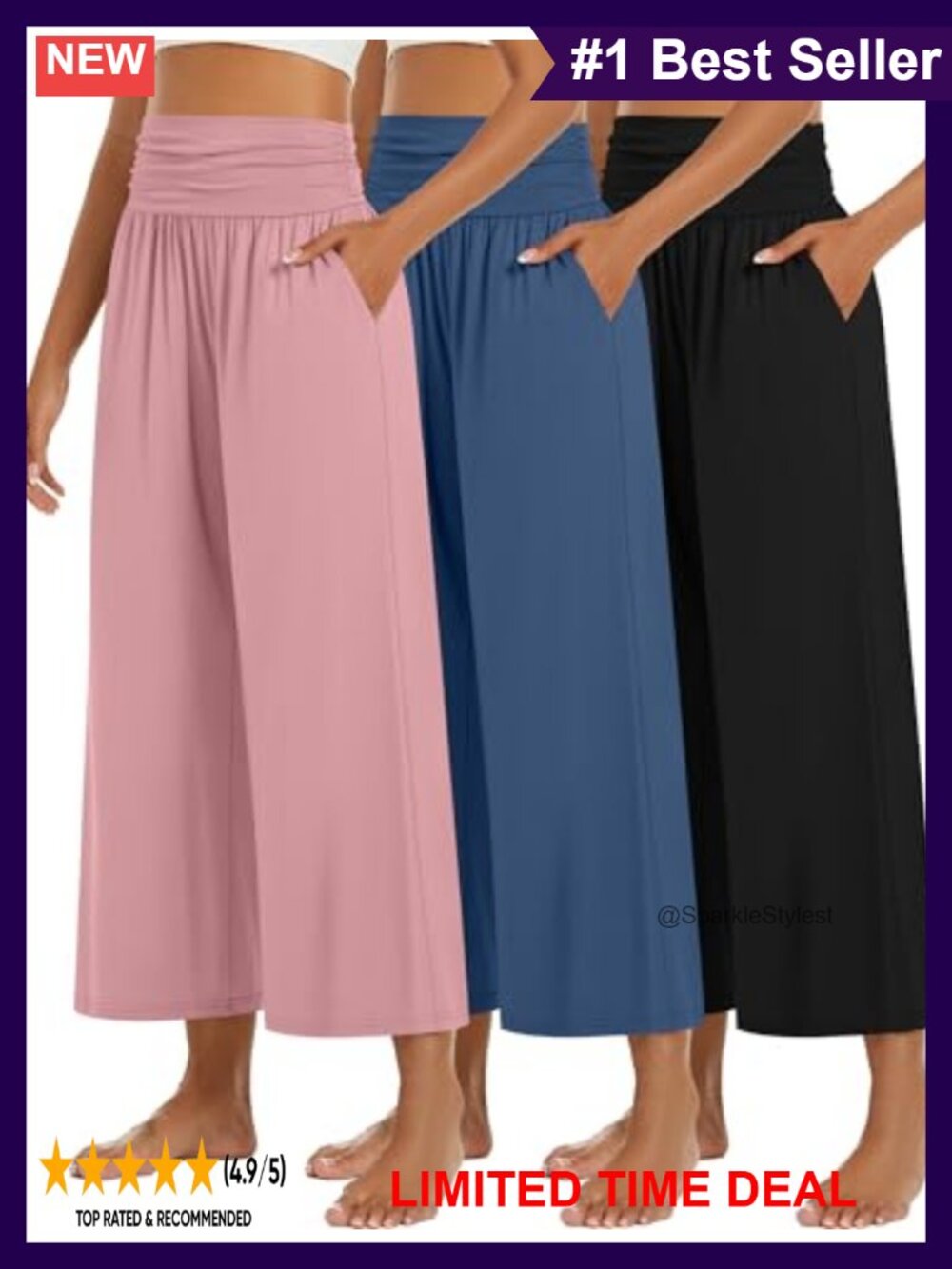 3 Pack Women's Wide Leg Capri Pants with Pockets High Waisted Pleated